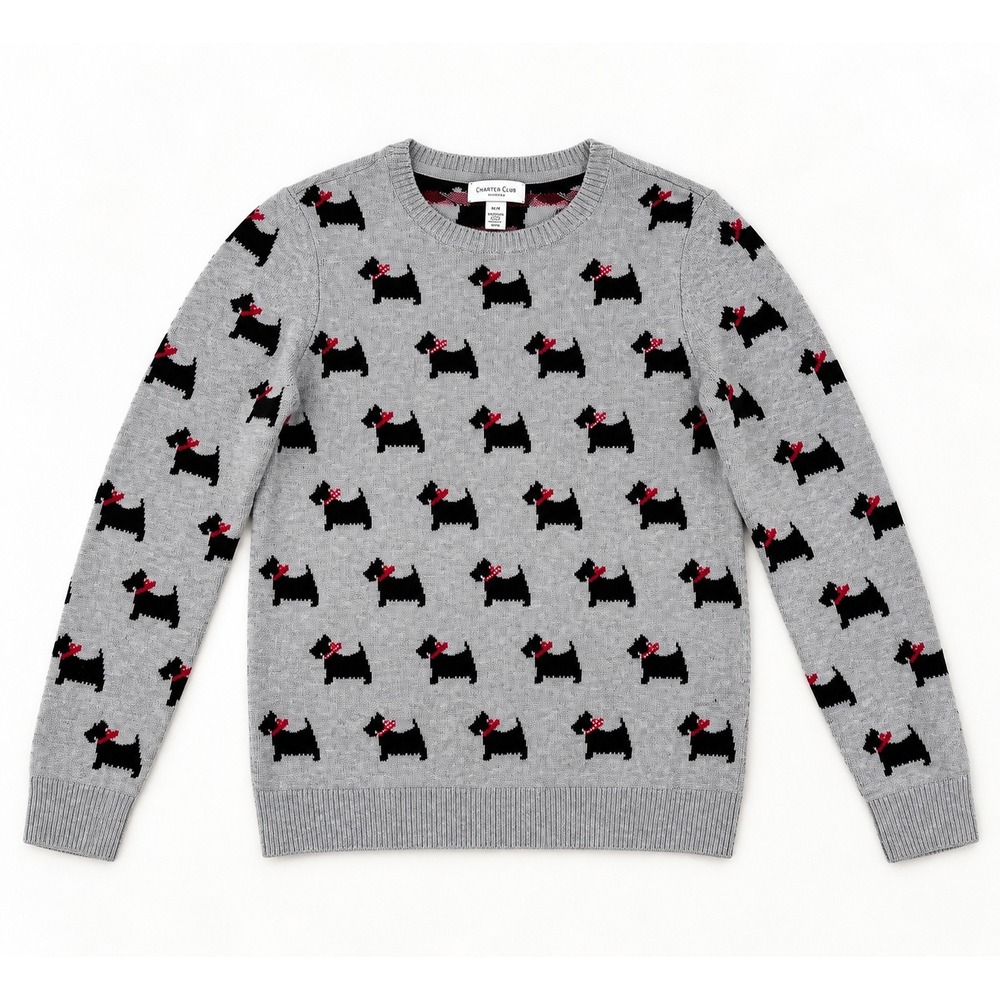 Charter Club Petite Gray Scottie Dog Intarsia Crewneck Sweater PS Cotton Blend